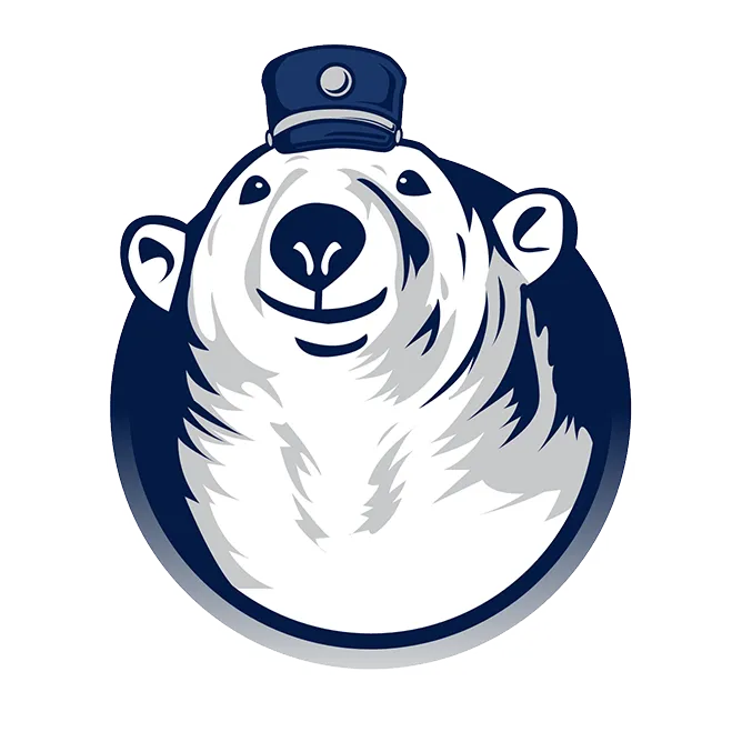 Cartoon-style polar bear mascot wearing a navy cap, illustrated in white, grey, and dark blue tones, inside a circular badge